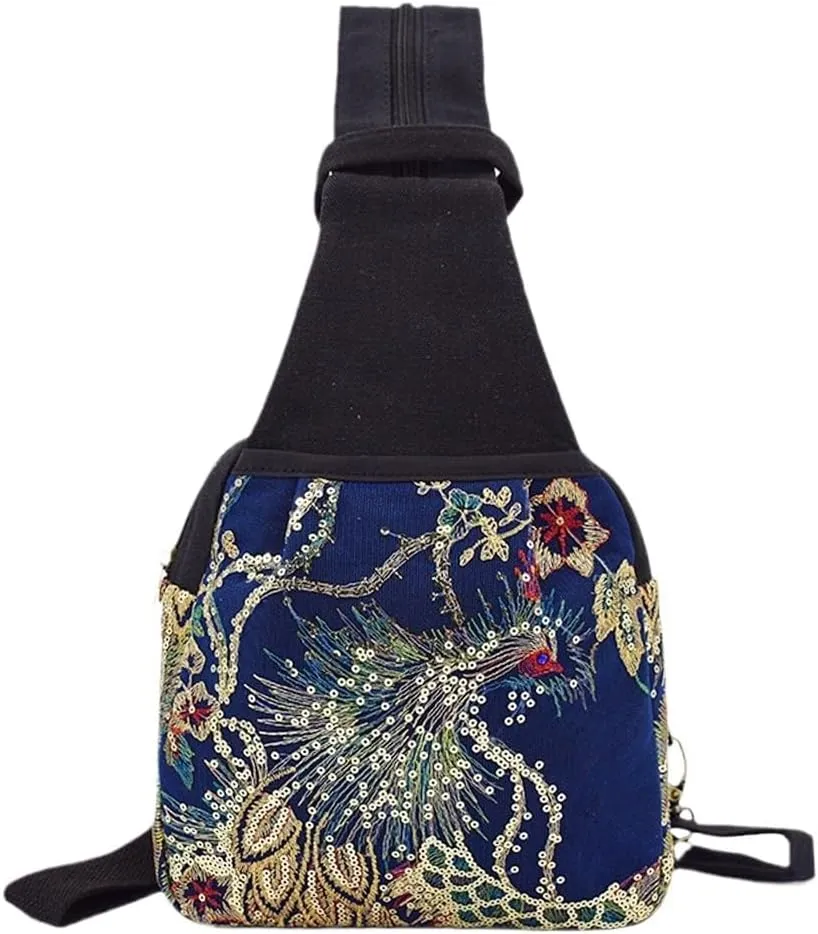 Ethnic Style Phoenix Embroidery Women's Double-layer Canvas Chest Bag Backpack With Zipper(Dark Blue)