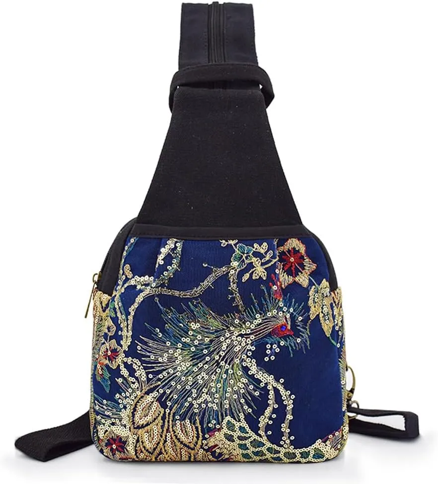 Ethnic Style Phoenix Embroidery Women's Double-layer Canvas Chest Bag Backpack With Zipper(Dark Blue)
