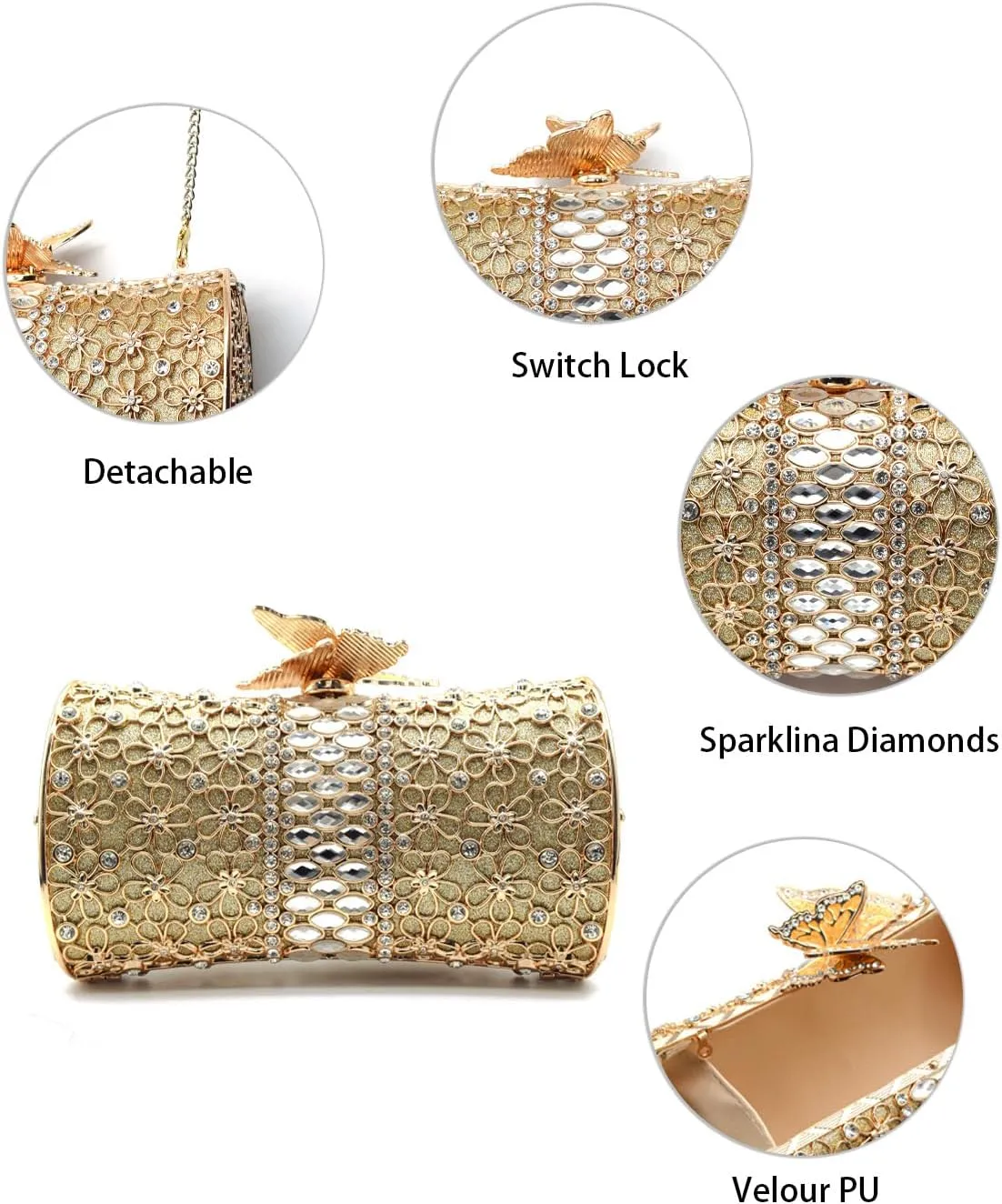 Evening Clutch Purse for Women Formal, Metallic Evening Handbags Metal Chain Shoulder Bag, Rhinestone Purse