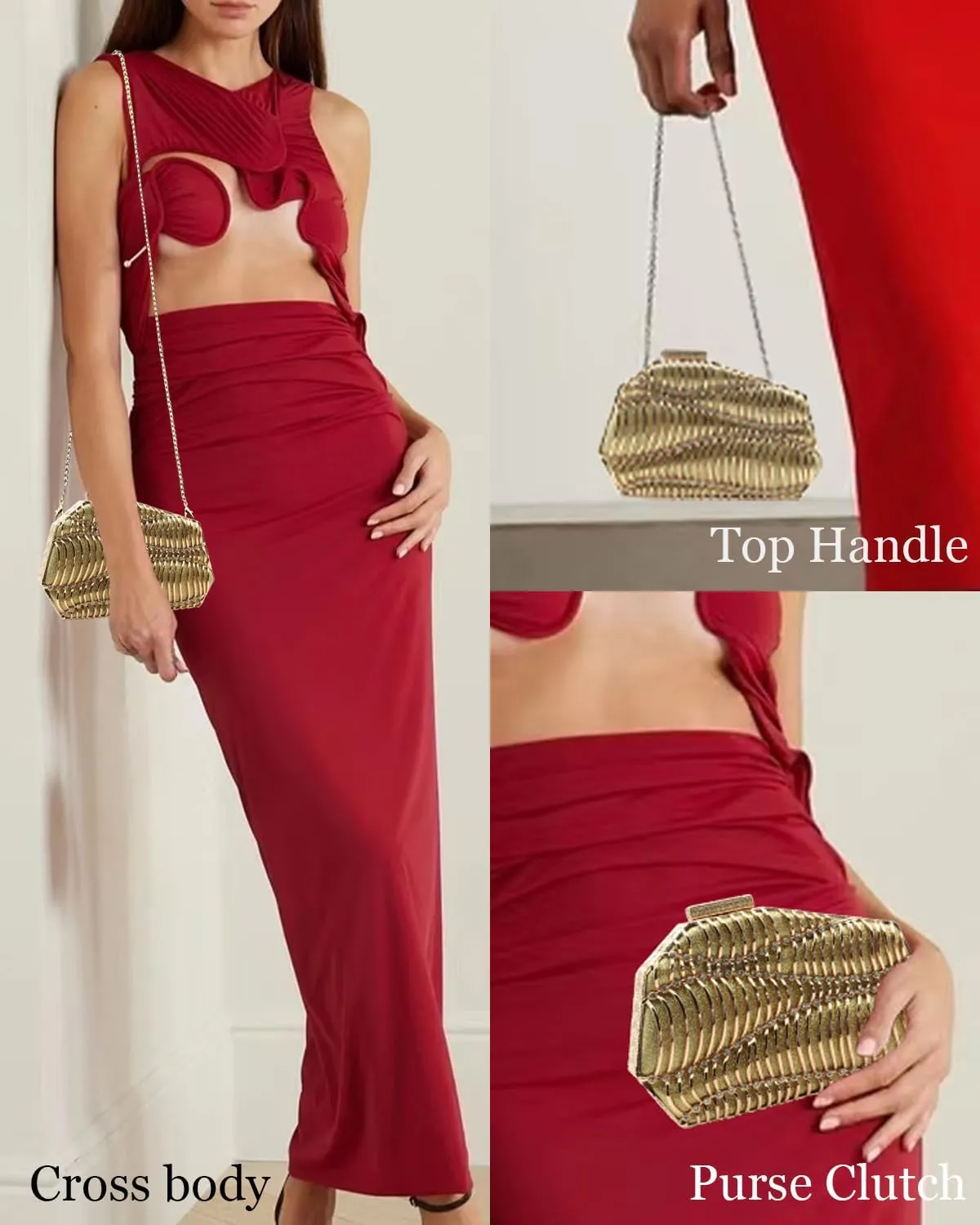 Evening Clutch Purse for Women Formal, Metallic Evening Handbags Metal Chain Shoulder Bag, Rhinestone Purse