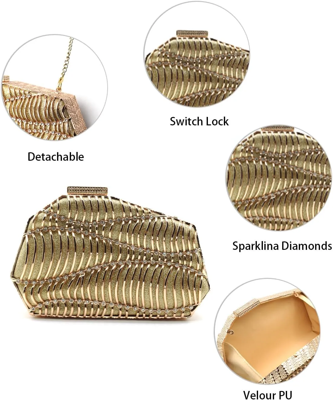 Evening Clutch Purse for Women Formal, Metallic Evening Handbags Metal Chain Shoulder Bag, Rhinestone Purse