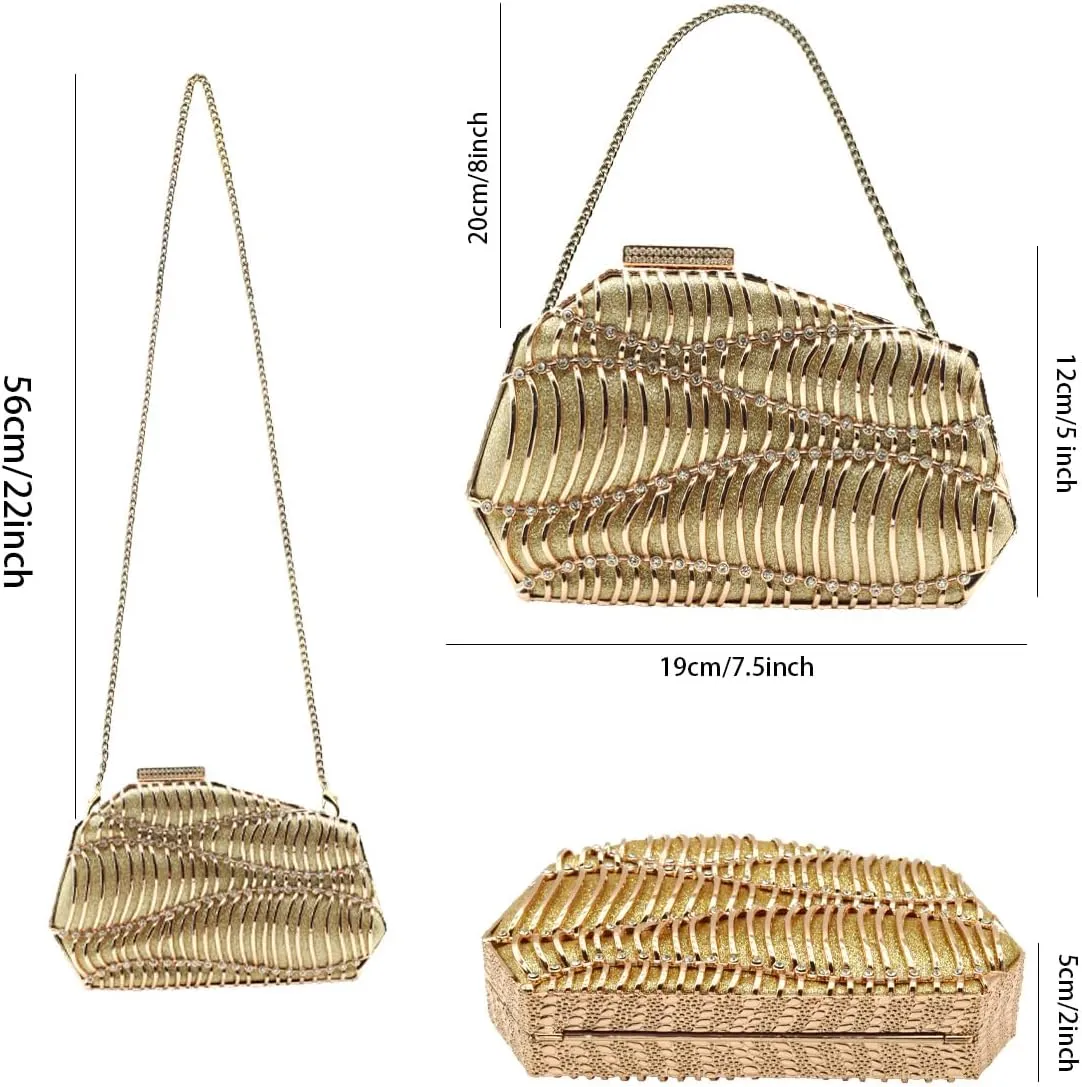Evening Clutch Purse for Women Formal, Metallic Evening Handbags Metal Chain Shoulder Bag, Rhinestone Purse