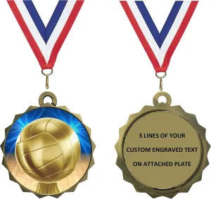 Express Medals Custom Volleyball Gold Medal Trophy Award with Neck Ribbon & Attached Engraved Plate on Back LAZD214-D45 25PK