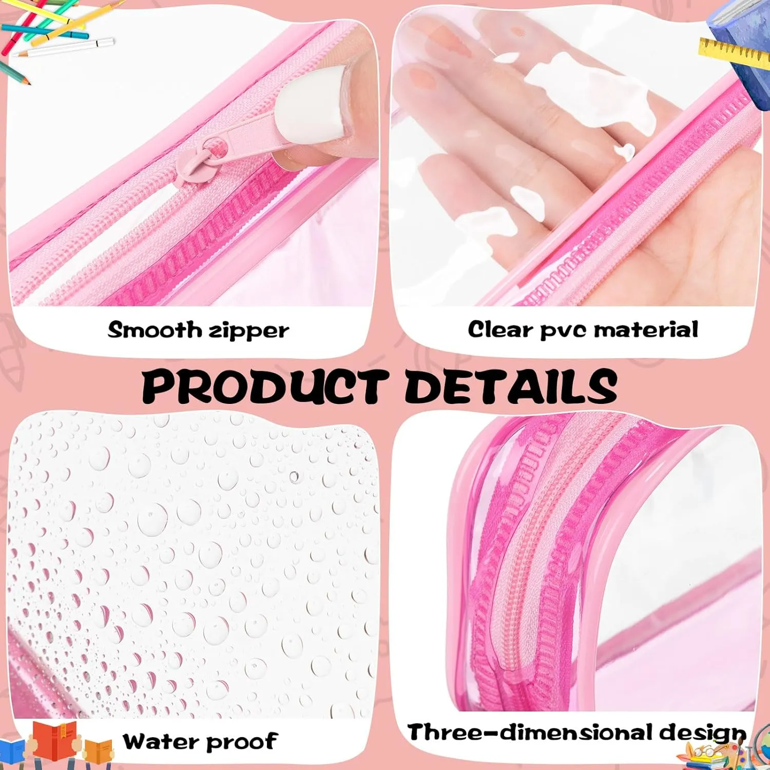 Fainne 50 Pcs Clear Pencil Pouch bulk Clear Pencil Case PVC Waterproof Travel Toiletry Makeup Bags with Zipper for Office Stationery(Multi Color)