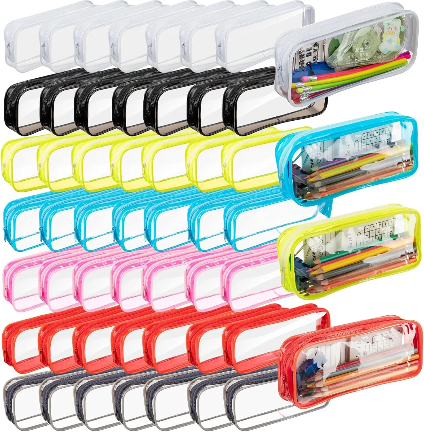Fainne 50 Pcs Clear Pencil Pouch bulk Clear Pencil Case PVC Waterproof Travel Toiletry Makeup Bags with Zipper for Office Stationery(Multi Color)