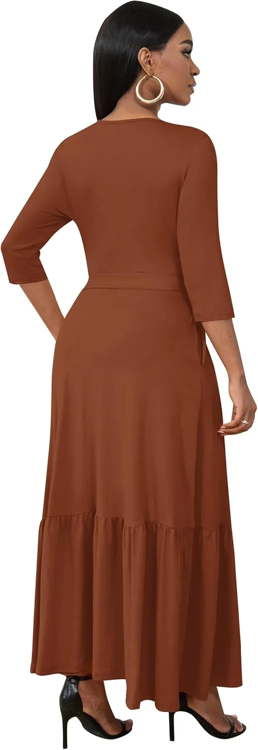 FANDEE Long Flowy Dresses for Women Summer V Neck Maxi Dress with Pockets, 3 4 Sleeve Solid Tie Belt A Line Tiered Dresses