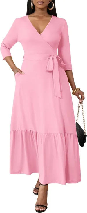 FANDEE Long Flowy Dresses for Women Summer V Neck Maxi Dress with Pockets, 3 4 Sleeve Solid Tie Belt A Line Tiered Dresses