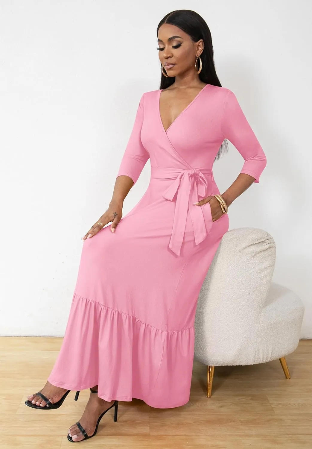 FANDEE Long Flowy Dresses for Women Summer V Neck Maxi Dress with Pockets, 3 4 Sleeve Solid Tie Belt A Line Tiered Dresses