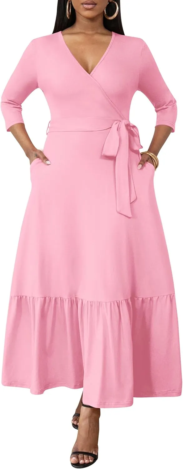 FANDEE Long Flowy Dresses for Women Summer V Neck Maxi Dress with Pockets, 3 4 Sleeve Solid Tie Belt A Line Tiered Dresses