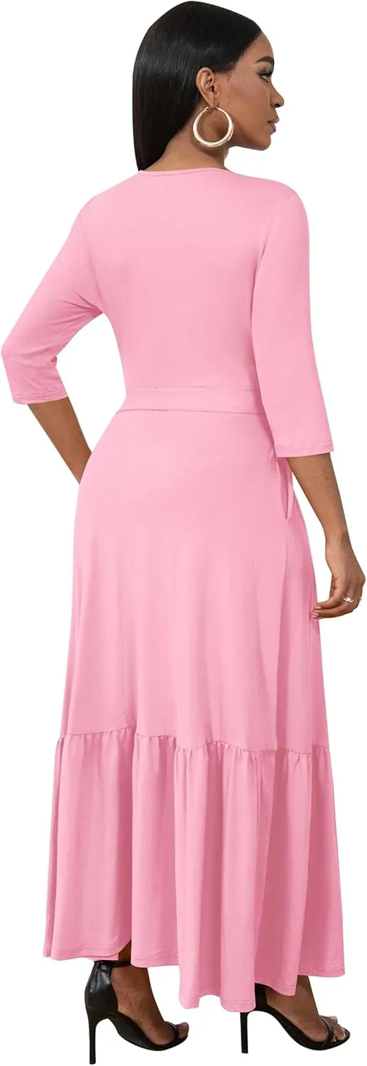 FANDEE Long Flowy Dresses for Women Summer V Neck Maxi Dress with Pockets, 3 4 Sleeve Solid Tie Belt A Line Tiered Dresses