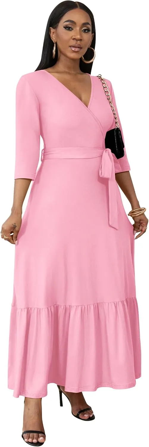 FANDEE Long Flowy Dresses for Women Summer V Neck Maxi Dress with Pockets, 3 4 Sleeve Solid Tie Belt A Line Tiered Dresses