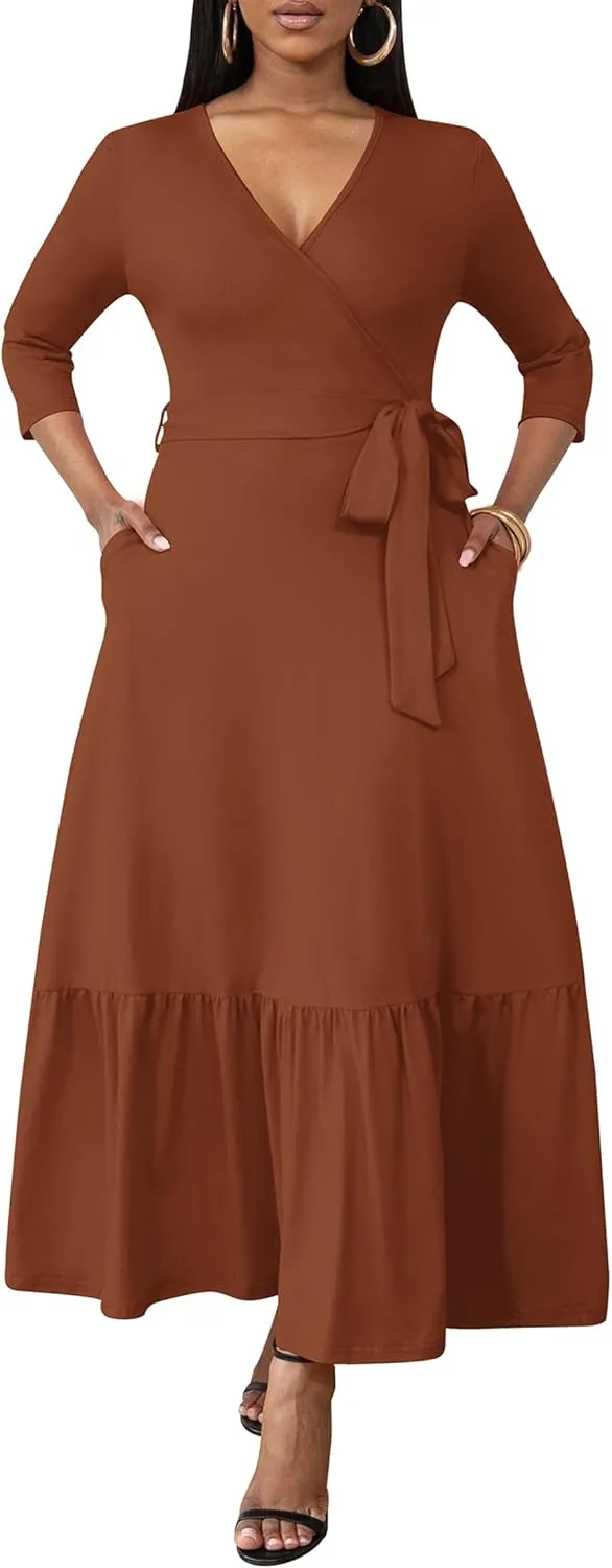 FANDEE Long Flowy Dresses for Women Summer V Neck Maxi Dress with Pockets, 3 4 Sleeve Solid Tie Belt A Line Tiered Dresses