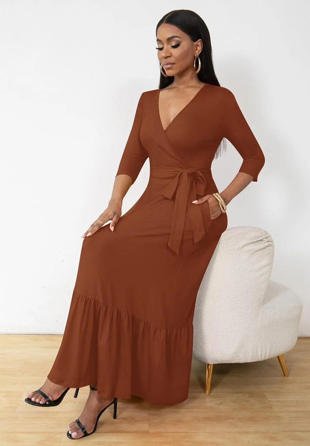 FANDEE Long Flowy Dresses for Women Summer V Neck Maxi Dress with Pockets, 3 4 Sleeve Solid Tie Belt A Line Tiered Dresses