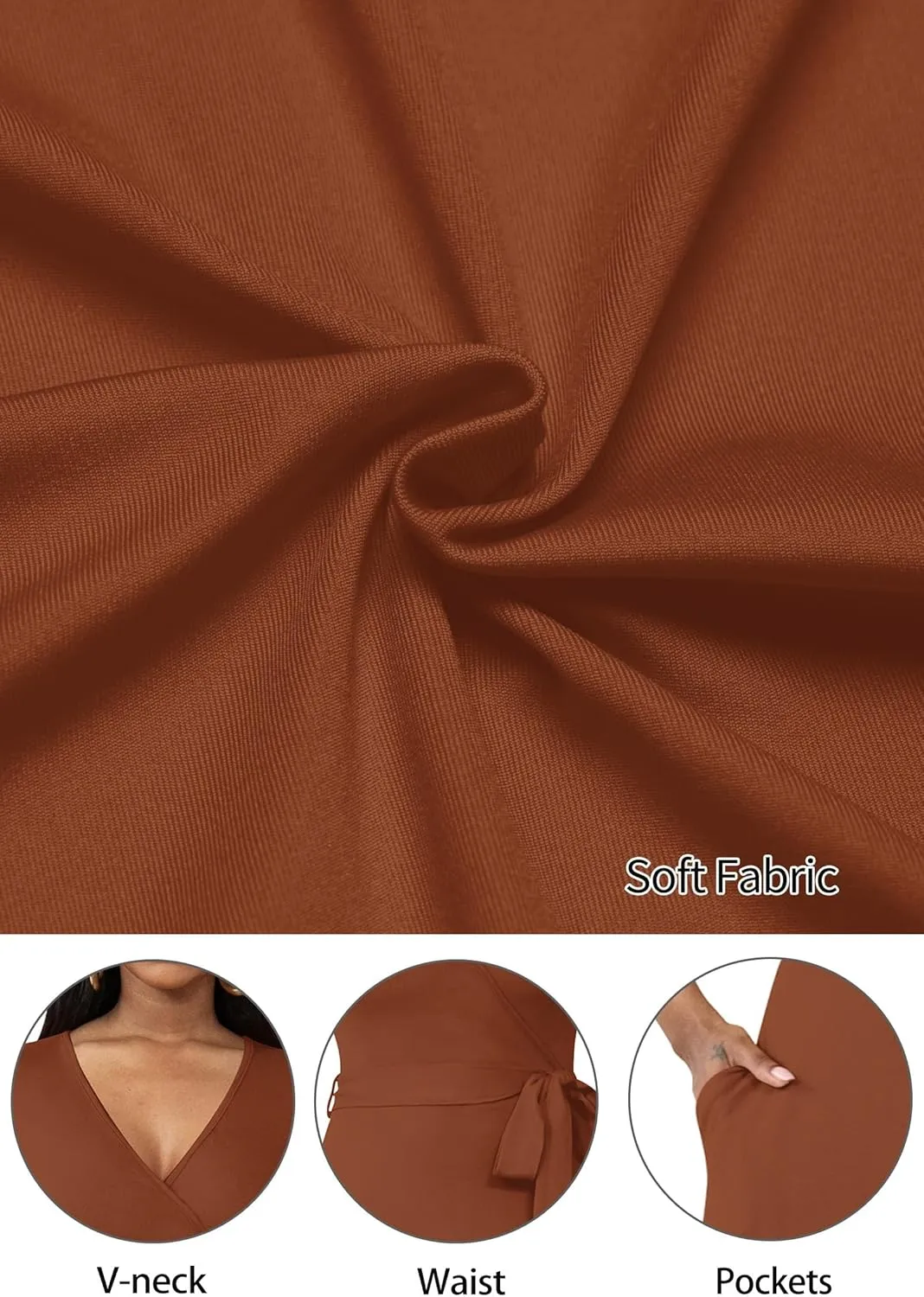 FANDEE Long Flowy Dresses for Women Summer V Neck Maxi Dress with Pockets, 3 4 Sleeve Solid Tie Belt A Line Tiered Dresses