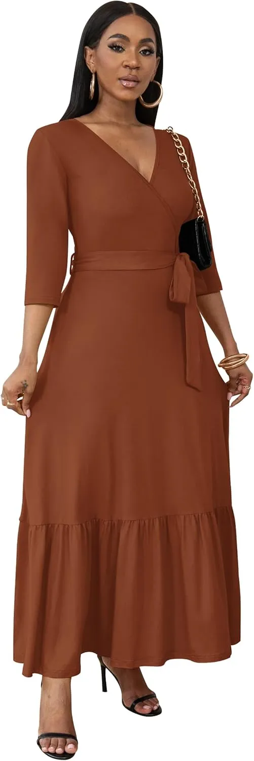 FANDEE Long Flowy Dresses for Women Summer V Neck Maxi Dress with Pockets, 3 4 Sleeve Solid Tie Belt A Line Tiered Dresses
