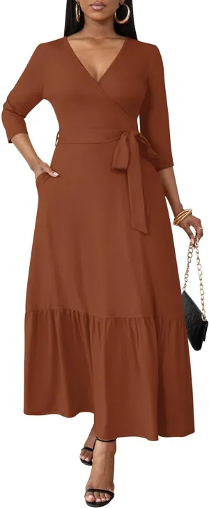 FANDEE Long Flowy Dresses for Women Summer V Neck Maxi Dress with Pockets, 3 4 Sleeve Solid Tie Belt A Line Tiered Dresses