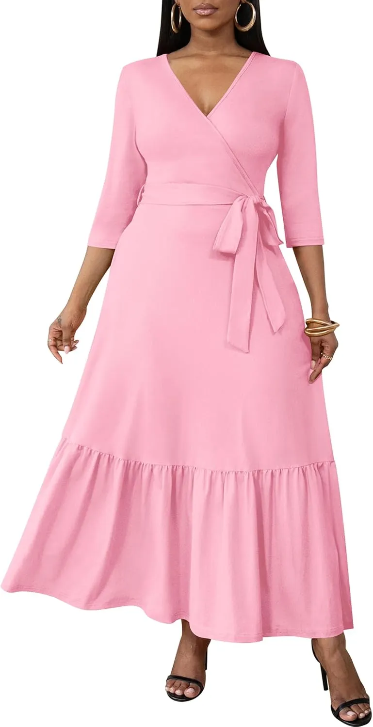 FANDEE Long Flowy Dresses for Women Summer V Neck Maxi Dress with Pockets, 3 4 Sleeve Solid Tie Belt A Line Tiered Dresses