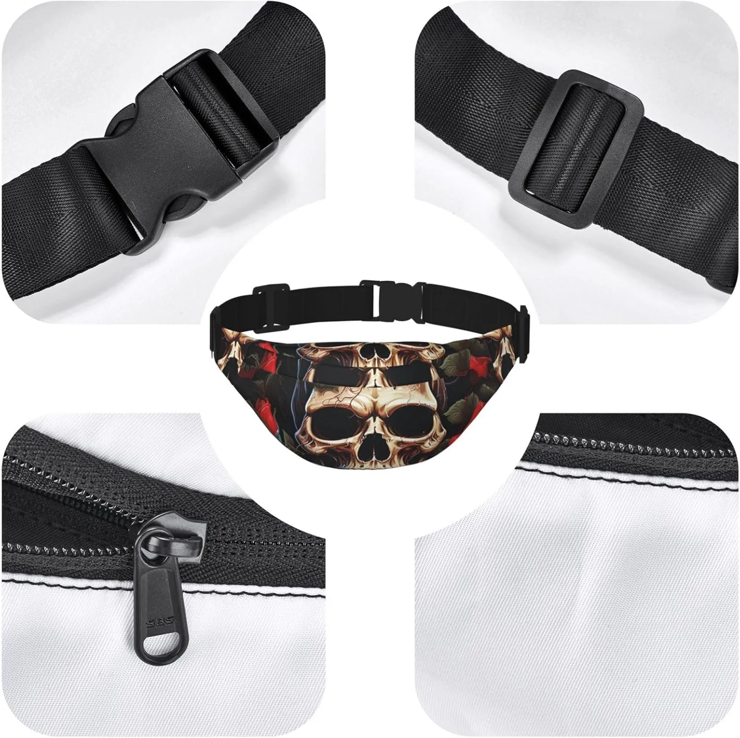 Fanny Pack Belt Bag for Women Men Waterproof Waist Pack Skull Rose-Red Waist Bag with Adjustable Strap