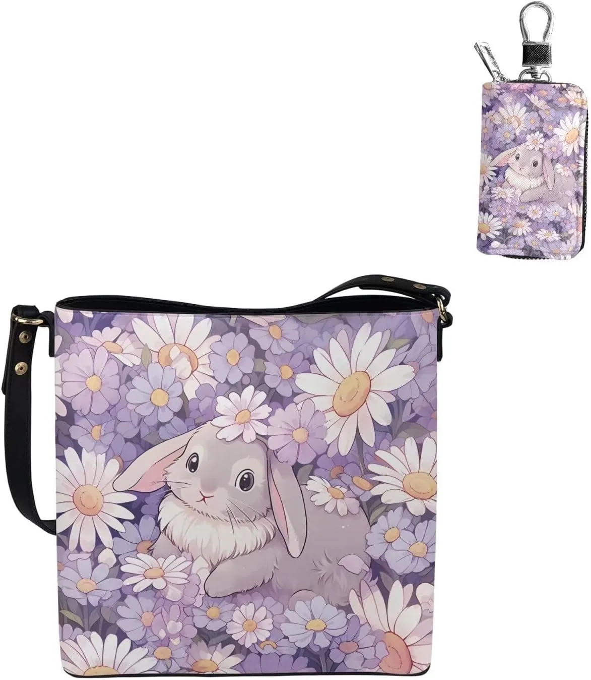 Fashion Ladies Crossbody Handbag Set Shoulder Bag PU Leather Car Key Holder Bag 2 Pieces Bucket Bag for Women