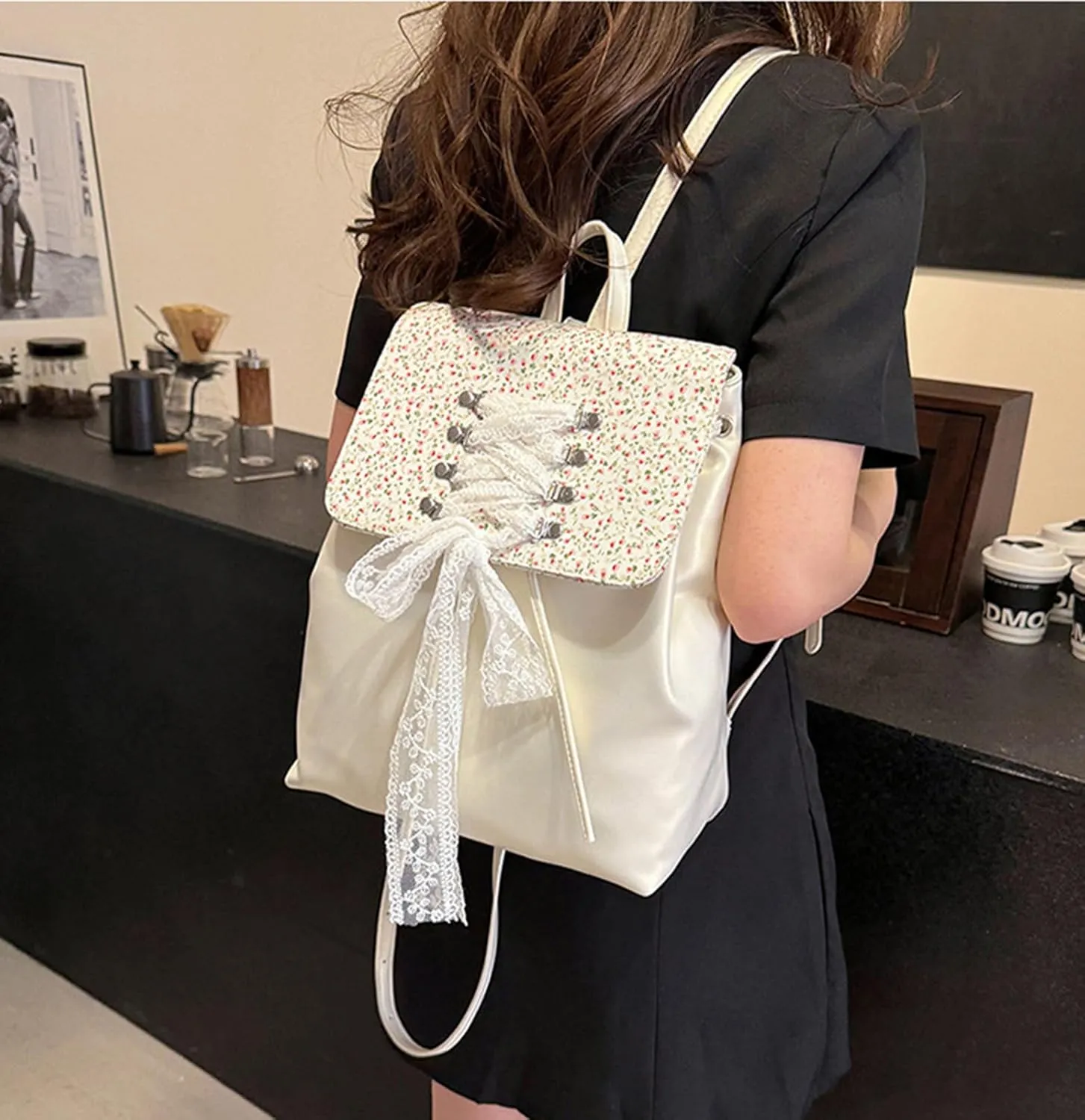 Fashion Small Backpack for Women Fashion Japanese Sweet Lace Bow Floral Backpack Purse Lightweight Casual Daypack (Beige, Large size)
