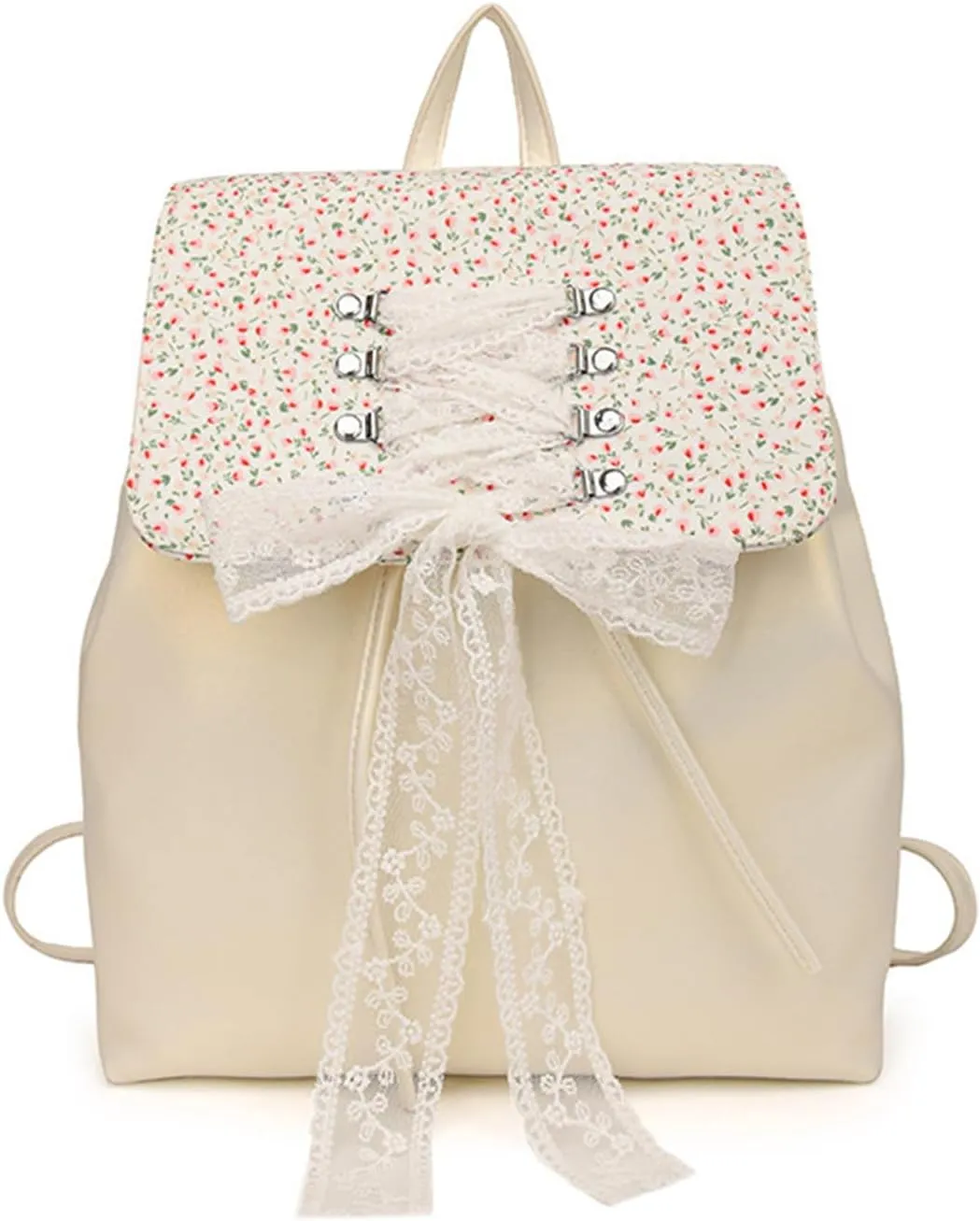 Fashion Small Backpack for Women Fashion Japanese Sweet Lace Bow Floral Backpack Purse Lightweight Casual Daypack (Beige, Large size)