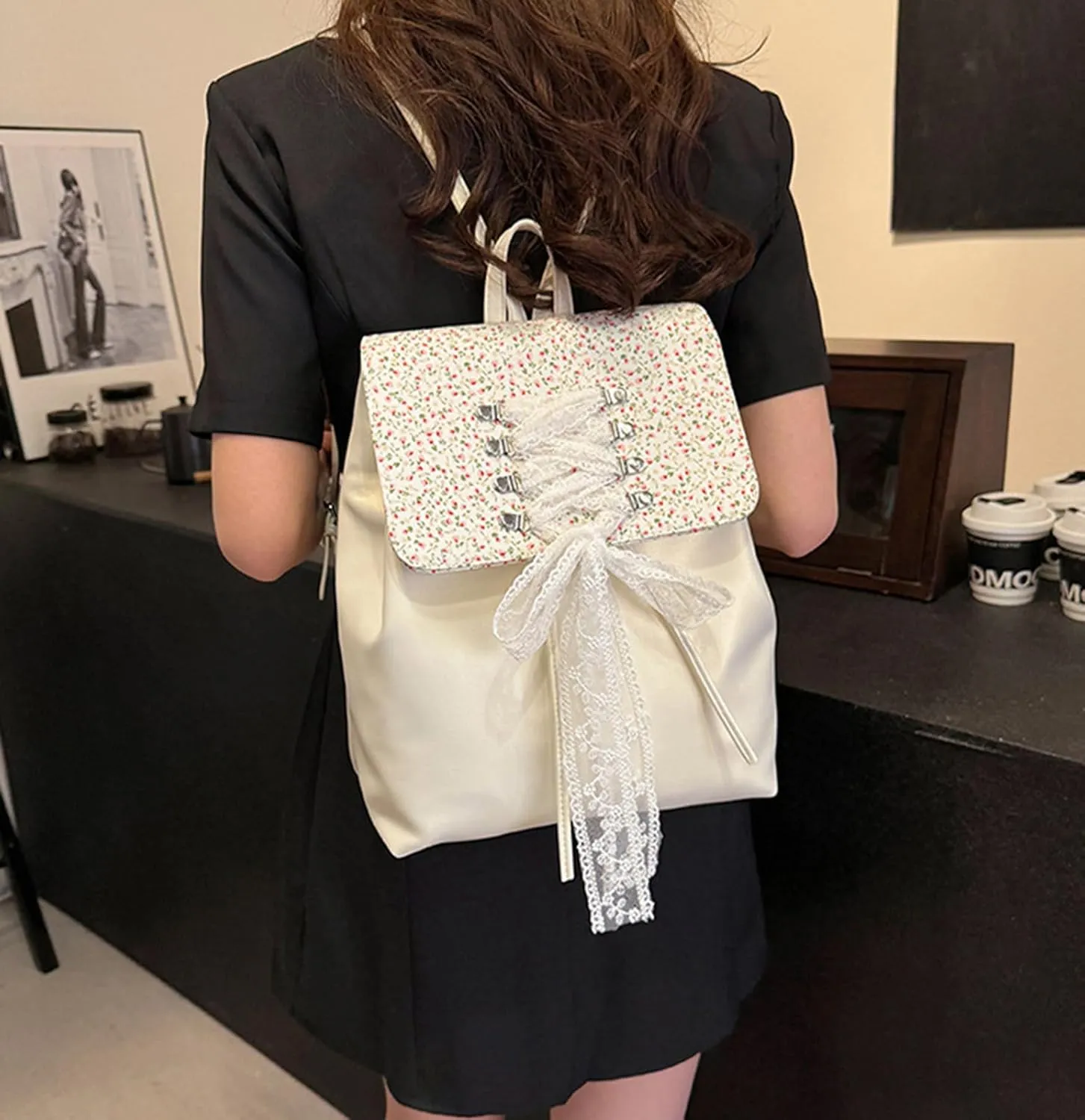 Fashion Small Backpack for Women Fashion Japanese Sweet Lace Bow Floral Backpack Purse Lightweight Casual Daypack (Beige, Large size)