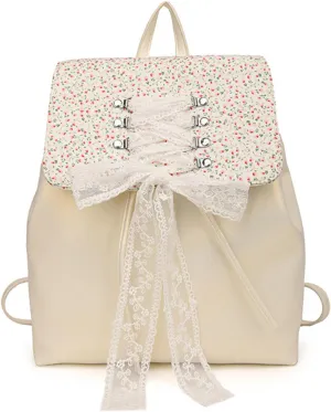 Fashion Small Backpack for Women Fashion Japanese Sweet Lace Bow Floral Backpack Purse Lightweight Casual Daypack (Beige, Large size)
