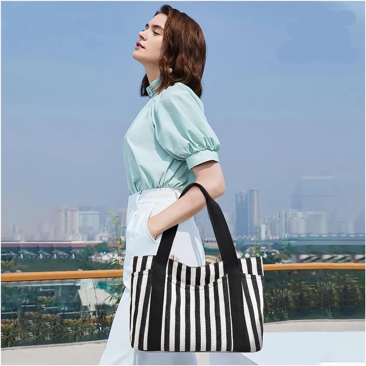 Fashion Striped Women Handbag Large Ladies Canvas Shoulder Bag