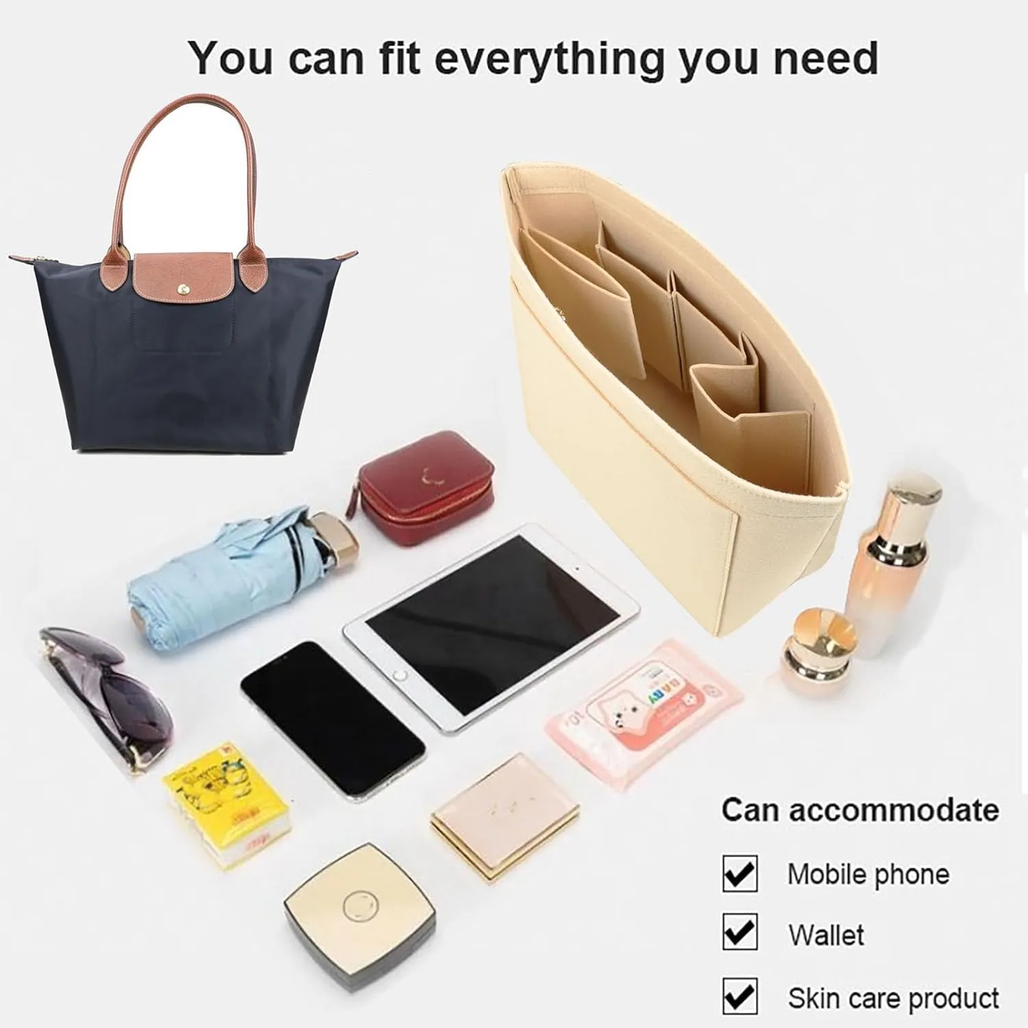 Felt Purse Organizer Insert for Longchamp Le Pliage Neo Handbags Insert Organizer 1012BEIGE-M