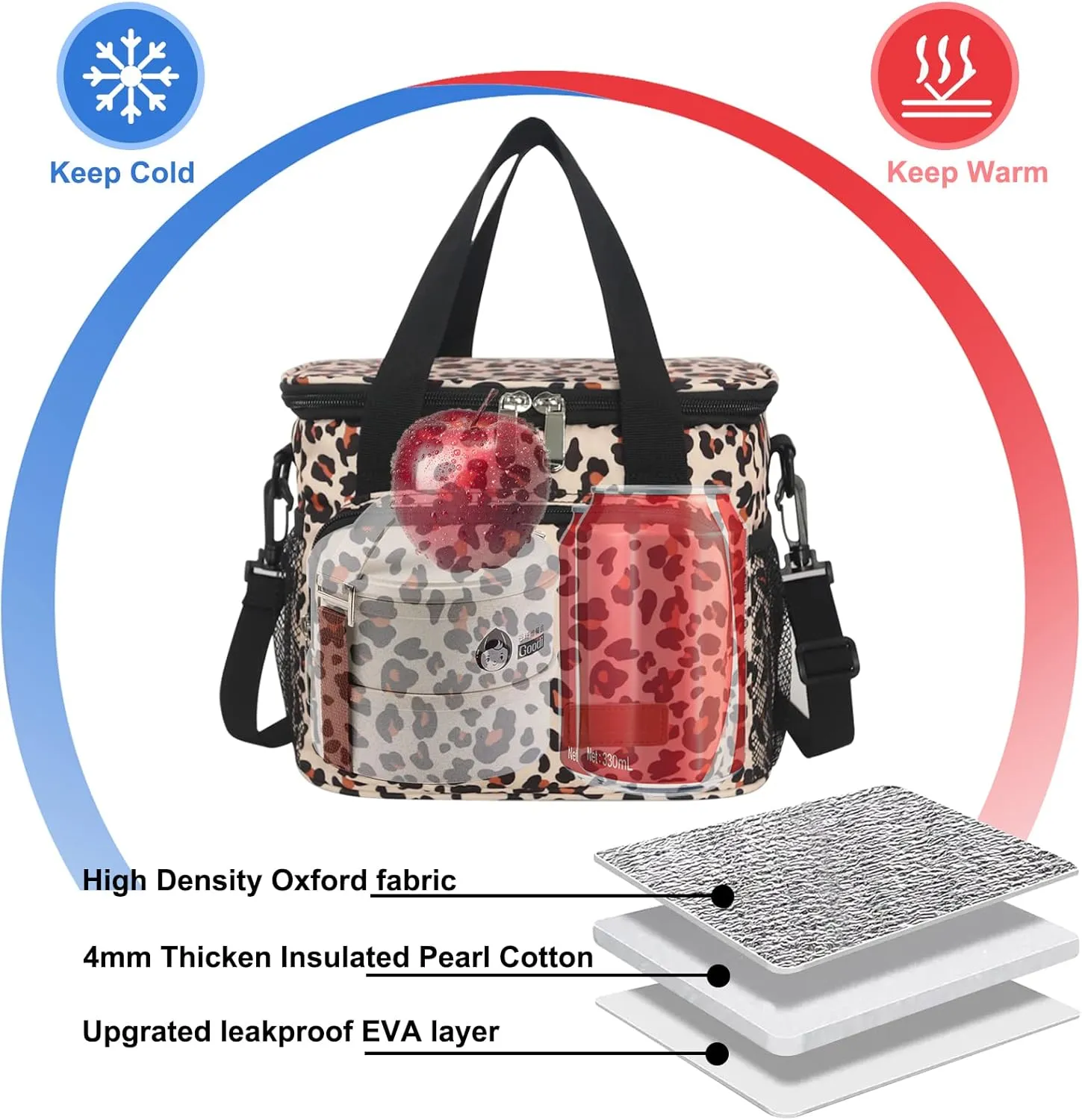 Femuar Lunch Bags for Women/Men, Insulated Lunch Bag for Work Office Picnic - Lunch Cooler Bag Leakproof Lunch Box with Adjustable Shoulder Strap - Leopard Print