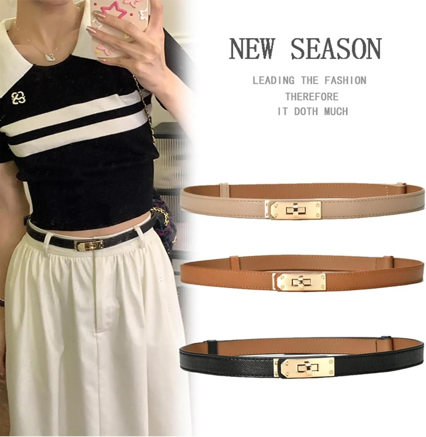 FENLDY Adjustable Thin Belts For Womens Skinny Belts For Dresses Womens Solid Color Alloy Turn Lock Belts For Jeans