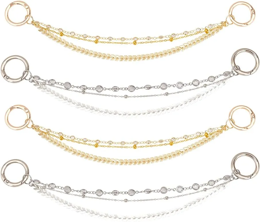 FINGERINSPIRE 4 Pcs 3-Layer Shoe Decoration Chain Brass Alloy Rhinestone Shoe Chain Platinum/Golden Shoe Decoration Chain Bling Shoe Charms Accessorie for Cavernous Shoe DIY Chains for Bags Clothing