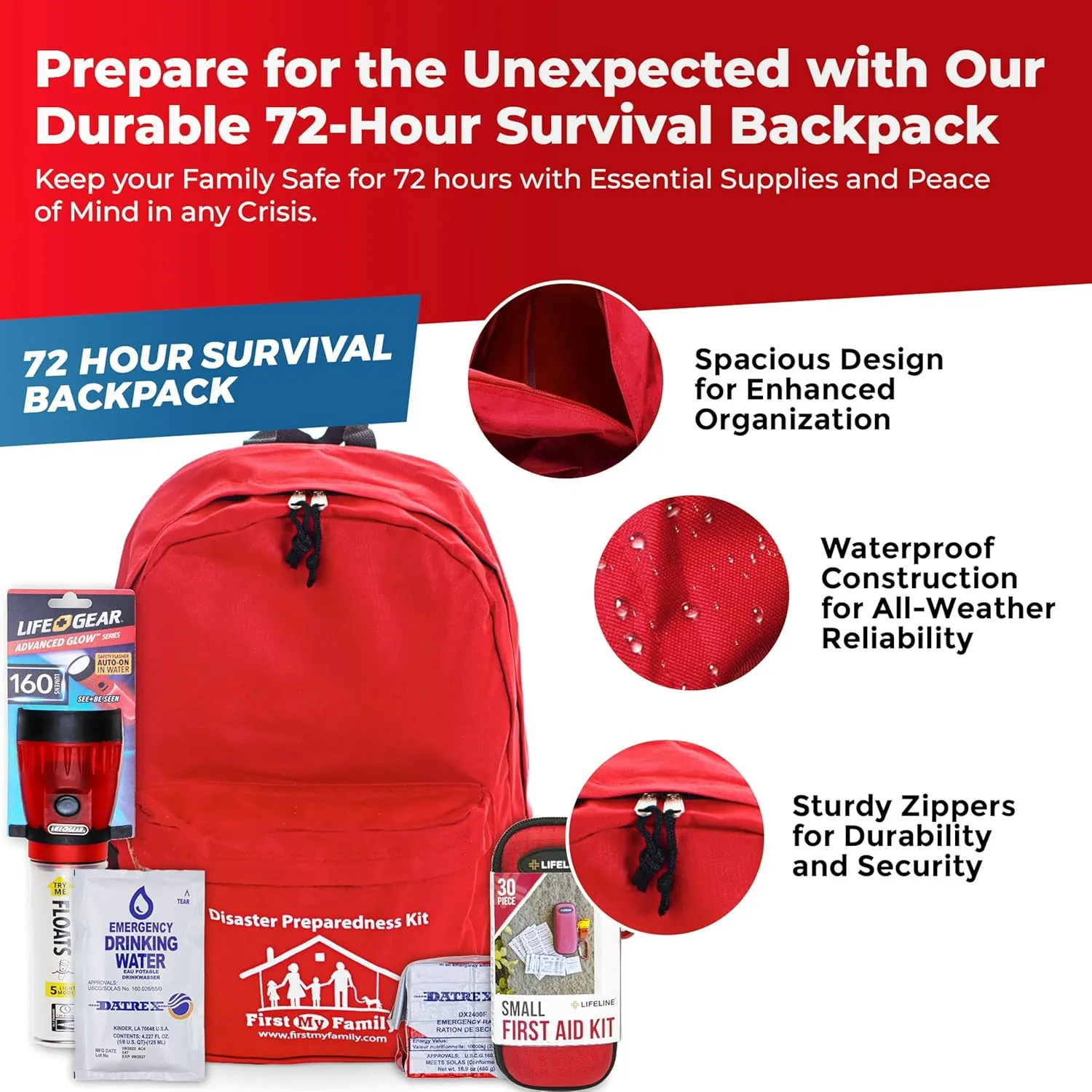First My Family All-in-One Premium 1-Person Emergency Survival Kit | Hurricane & Earthquake Preparedness Supplies | Disaster Backpack with 72-Hour Survival Gear, First Aid, and More