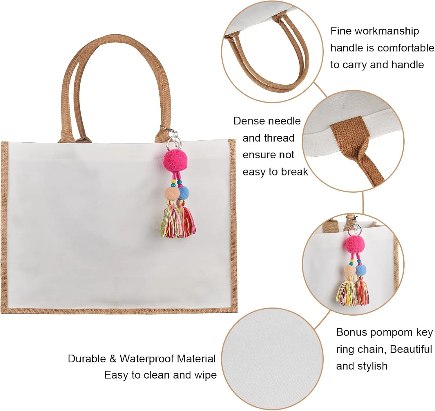 FITDON Jute Canvas Tote Bag Women - Large Jute Beach Bag, Foldable Waterproof Shopping Handbag for Picnic Travel Beach