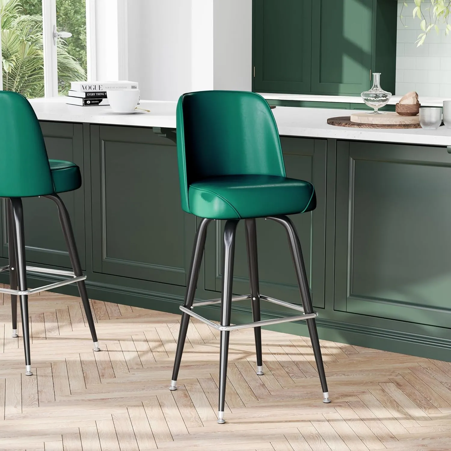 Flash Furniture James Commercial Grade Metal Barstool with Swivel Bucket Seat, Vinyl Upholstered Seat, Tubular Footrest, Set of 2, Green