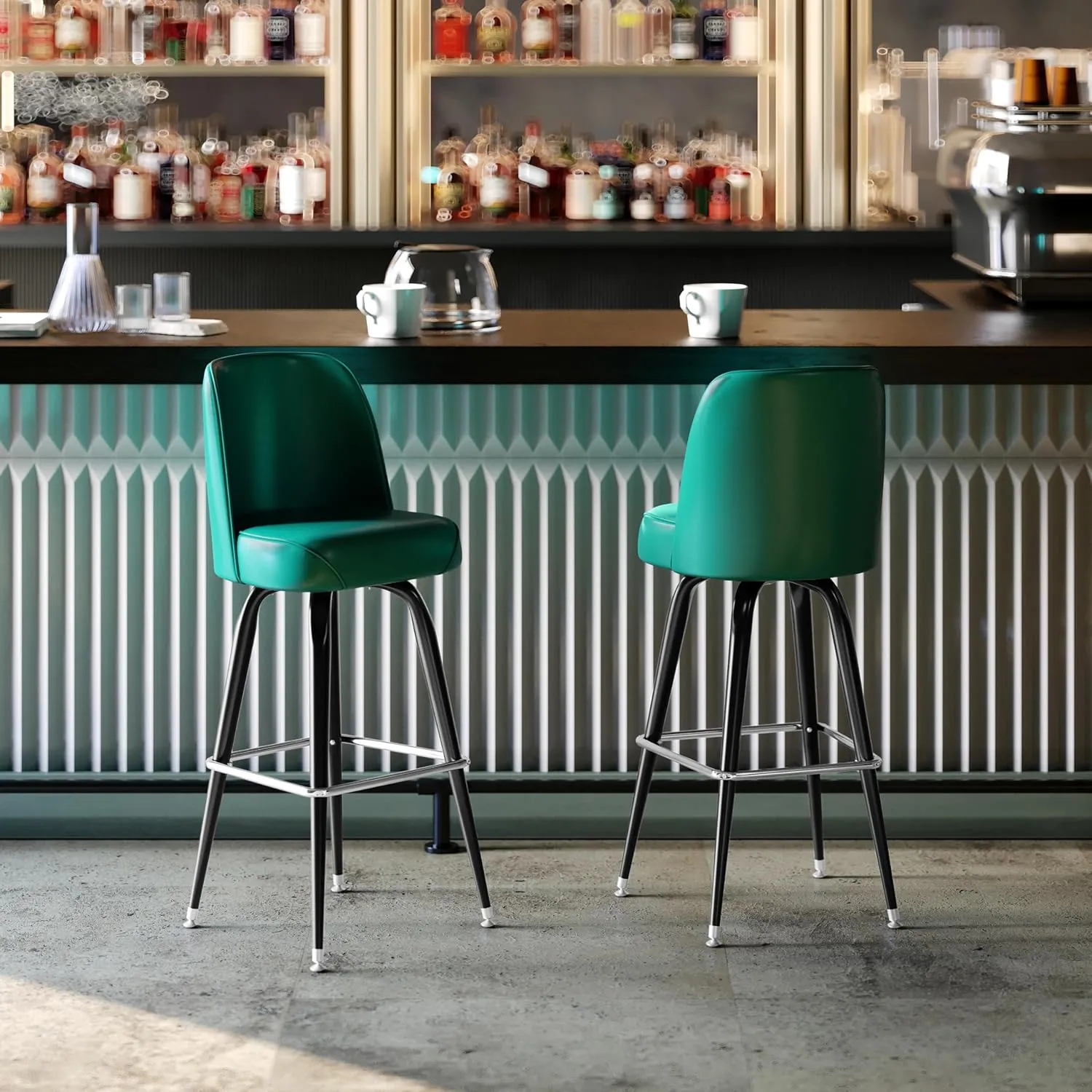 Flash Furniture James Commercial Grade Metal Barstool with Swivel Bucket Seat, Vinyl Upholstered Seat, Tubular Footrest, Set of 2, Green