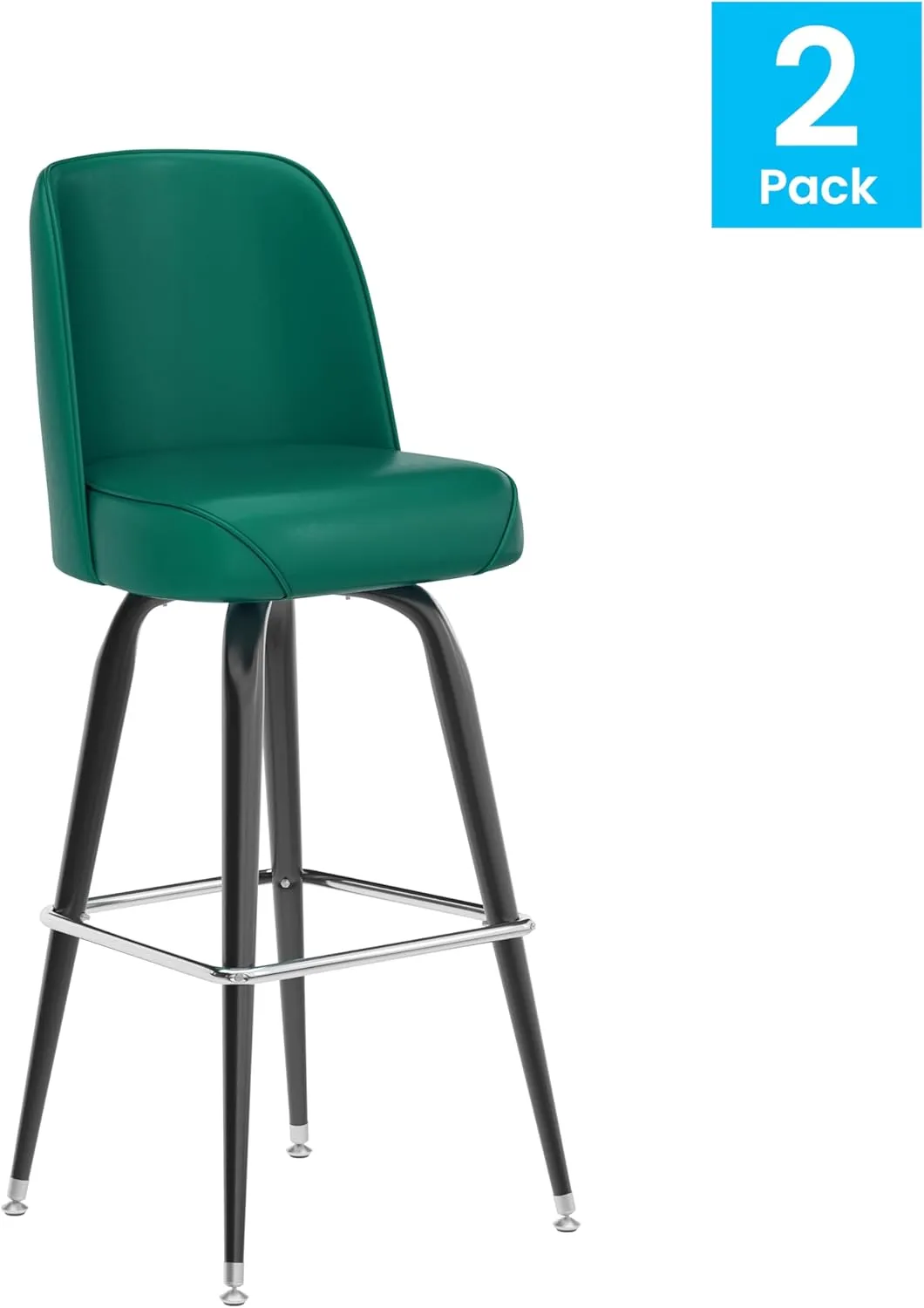 Flash Furniture James Commercial Grade Metal Barstool with Swivel Bucket Seat, Vinyl Upholstered Seat, Tubular Footrest, Set of 2, Green