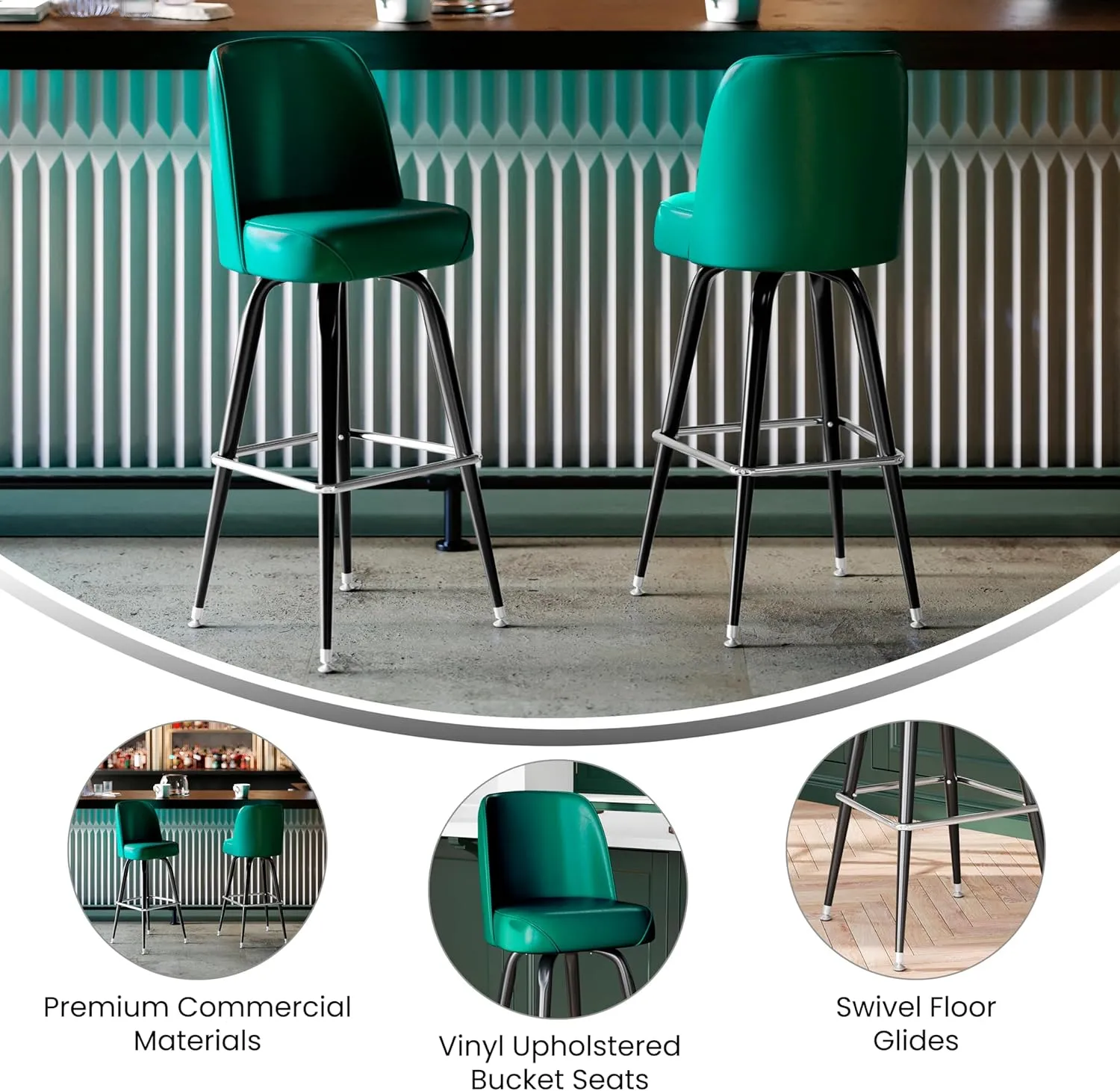 Flash Furniture James Commercial Grade Metal Barstool with Swivel Bucket Seat, Vinyl Upholstered Seat, Tubular Footrest, Set of 2, Green