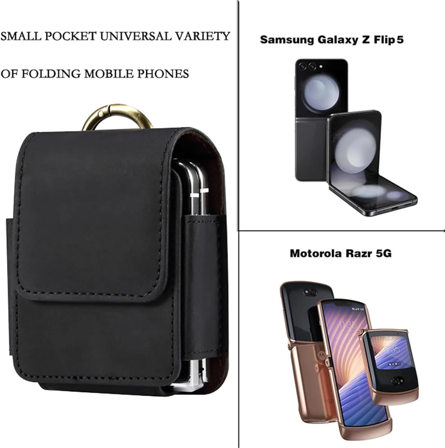 Flip Phone Leather Holster Belt Clip Case for Samsung Galaxy Z Flip 6/5/4/3 with Keychain, [Magnetic Closure] with Finger Ring for Motorola Razr Plus, Moto Razr 2024 YB-Black