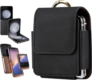 Flip Phone Leather Holster Belt Clip Case for Samsung Galaxy Z Flip 6/5/4/3 with Keychain, [Magnetic Closure] with Finger Ring for Motorola Razr Plus, Moto Razr 2024 YB-Black