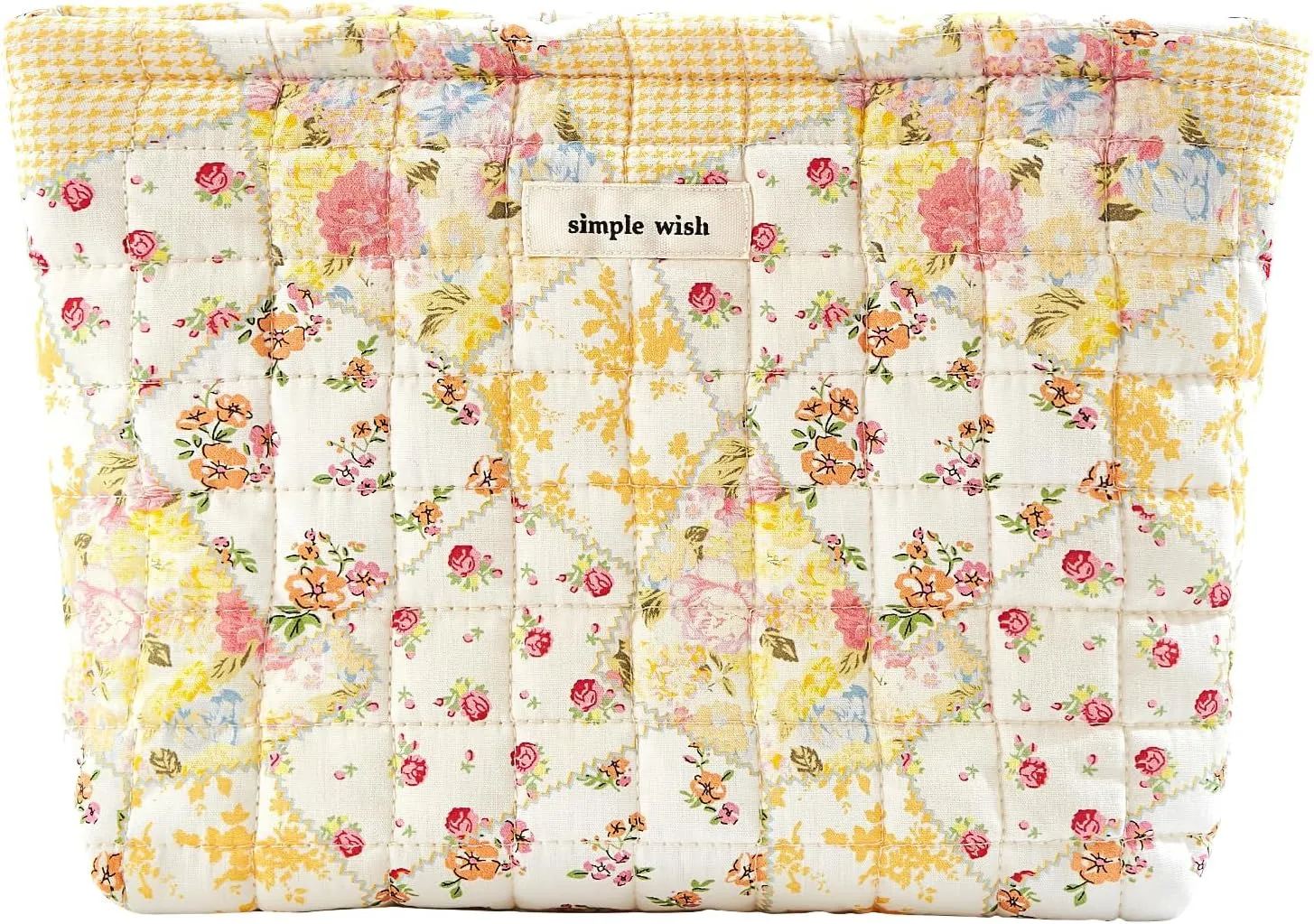 Floral Makeup Bag Large Cotton Quilted Cosmetic Makeup Bag Organizer, Aesthetic Portable Pouch Purse Toiletry Bag for Women Girls Travel accessories (Beige Floral-L)