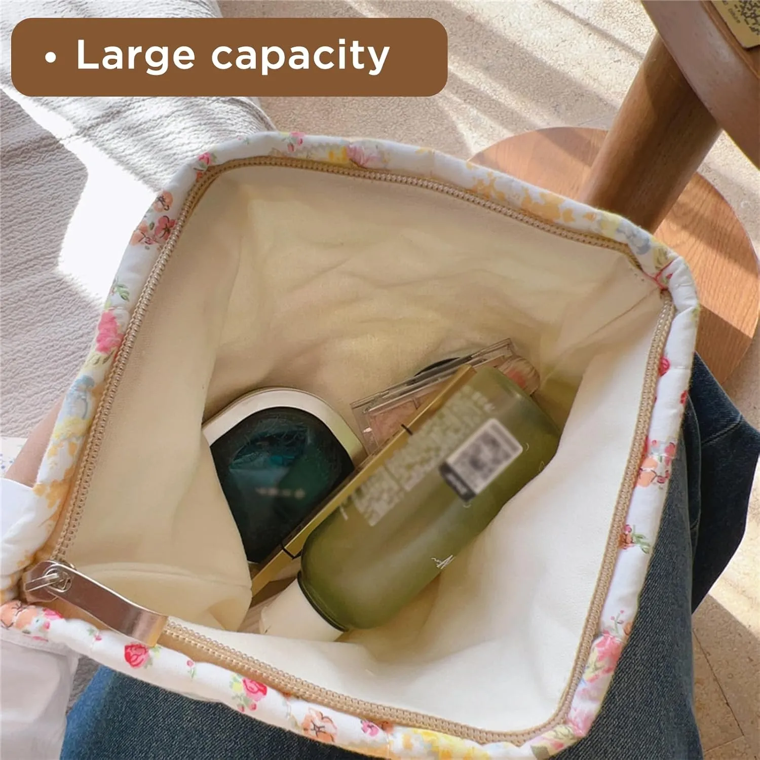 Floral Makeup Bag Large Cotton Quilted Cosmetic Makeup Bag Organizer, Aesthetic Portable Pouch Purse Toiletry Bag for Women Girls Travel accessories (Beige Floral-L)