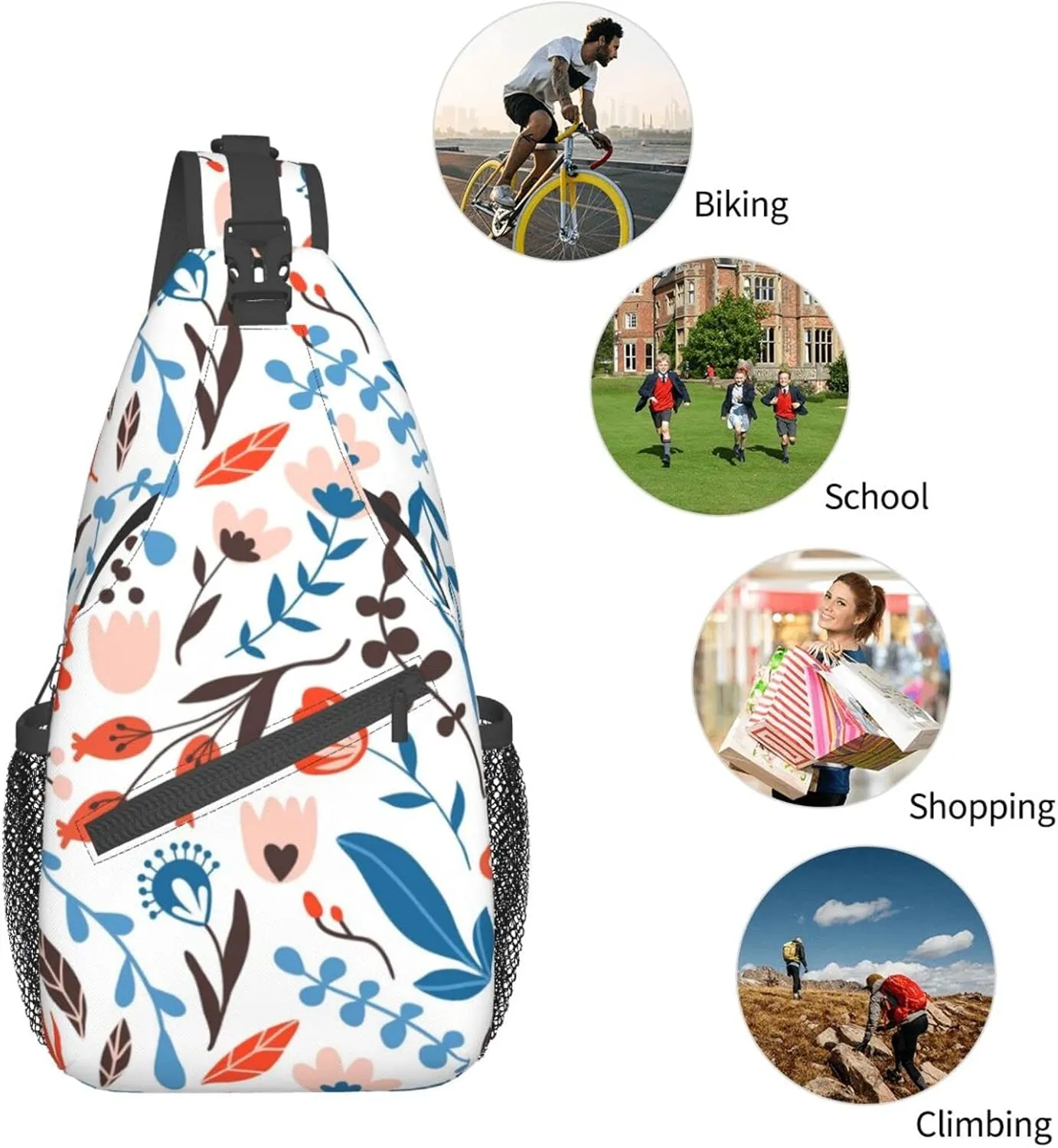 Flower Blossom Botany Floral Sling Bag for Men Women Crossbody Backpack Cycling Hiking Daypack Chest Shoulder Bag with Adjustable Strap