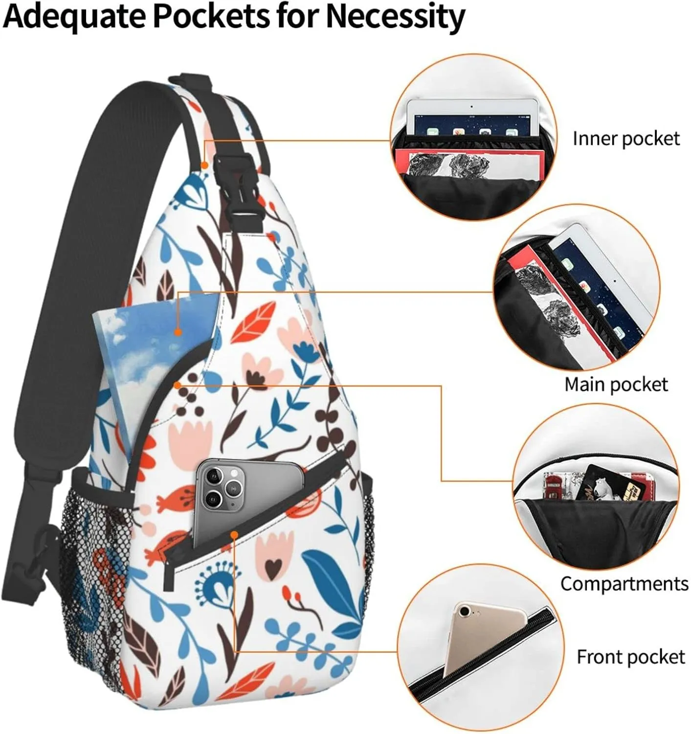 Flower Blossom Botany Floral Sling Bag for Men Women Crossbody Backpack Cycling Hiking Daypack Chest Shoulder Bag with Adjustable Strap