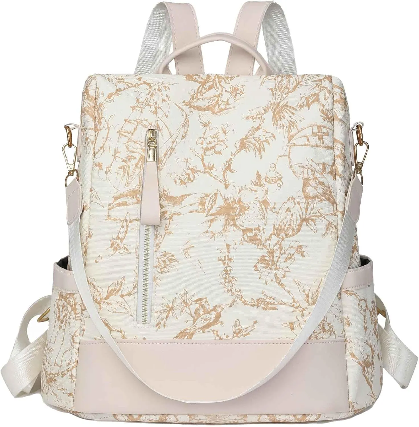 Flower Pattern Women Backpack Ladies Shoulder Bag Convertible Anti Theft Daypack Satchel Bag PU Leather (Beige)