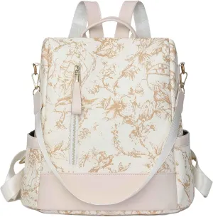 Flower Pattern Women Backpack Ladies Shoulder Bag Convertible Anti Theft Daypack Satchel Bag PU Leather (Beige)