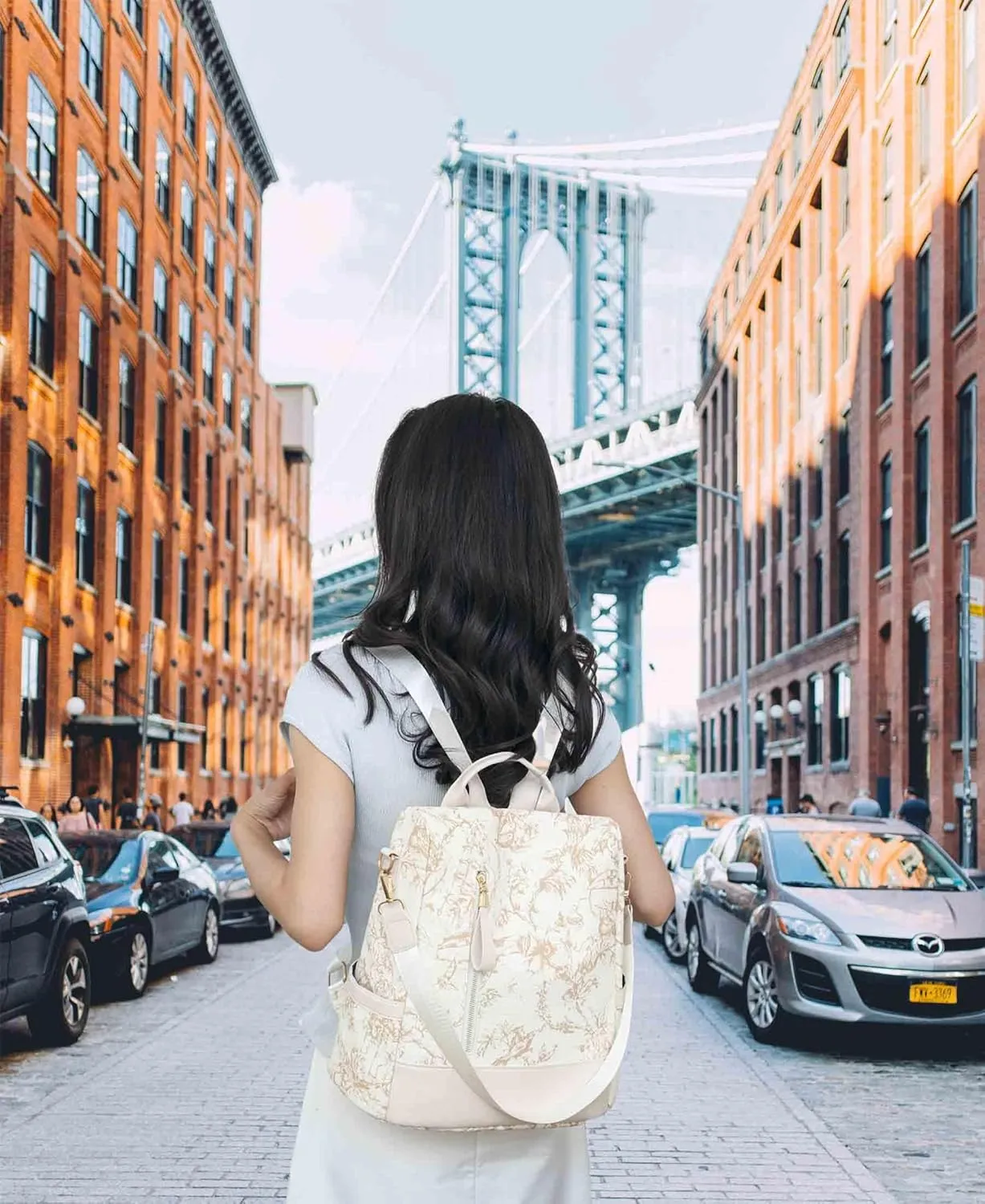 Flower Pattern Women Backpack Ladies Shoulder Bag Convertible Anti Theft Daypack Satchel Bag PU Leather (Beige)