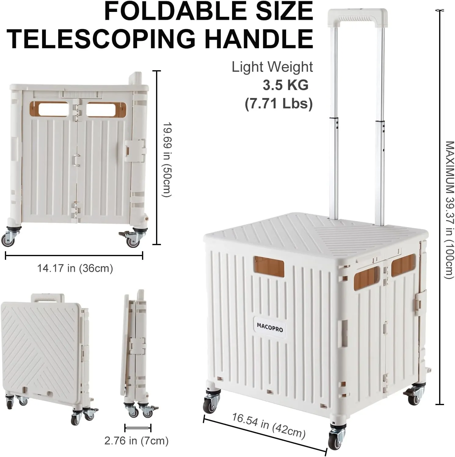 Foldable Utility Cart Folding Portable Rolling Crate Handcart with Durable Heavy Duty Plastic Telescoping Handle Collapsible 4 Rotate Wheels for Travel,Shopping, Luggage, Office, Teacher(White)
