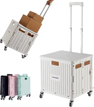 Foldable Utility Cart Folding Portable Rolling Crate Handcart with Durable Heavy Duty Plastic Telescoping Handle Collapsible 4 Rotate Wheels for Travel,Shopping, Luggage, Office, Teacher(White)