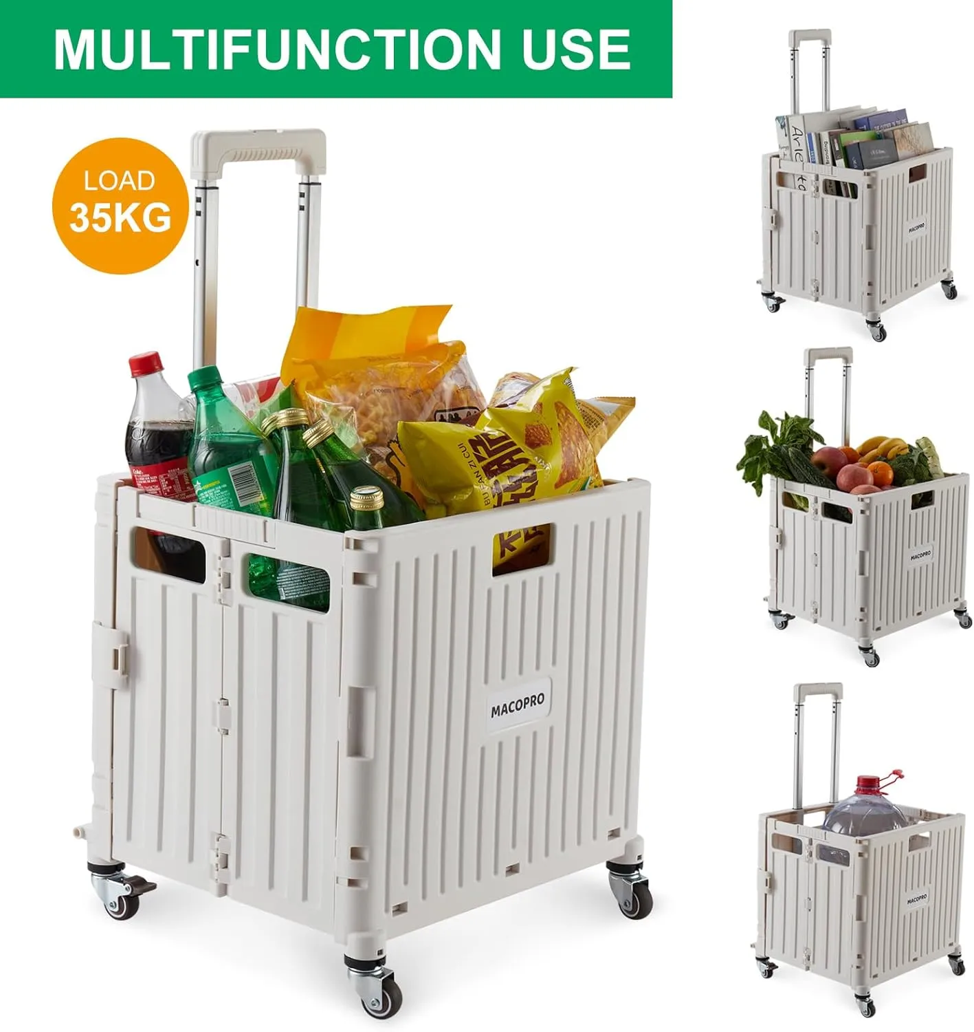 Foldable Utility Cart Folding Portable Rolling Crate Handcart with Durable Heavy Duty Plastic Telescoping Handle Collapsible 4 Rotate Wheels for Travel,Shopping, Luggage, Office, Teacher(White)